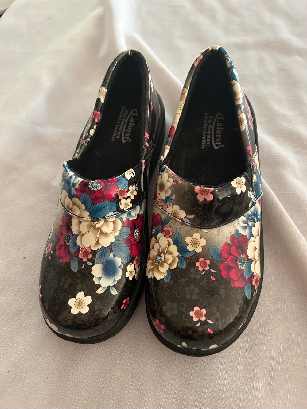 Black Floral Slip-On Clogs with Pink Blue and Cream Accents